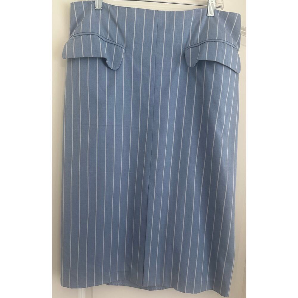 New York & Company Pinstripe Midi-Pencil Skirt 1X Blue White Ruched Slit Women